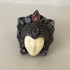 Vintage SAJEN Sterling Silver Goddess Ring Sz 6-8 Purple Stones Ivory Face